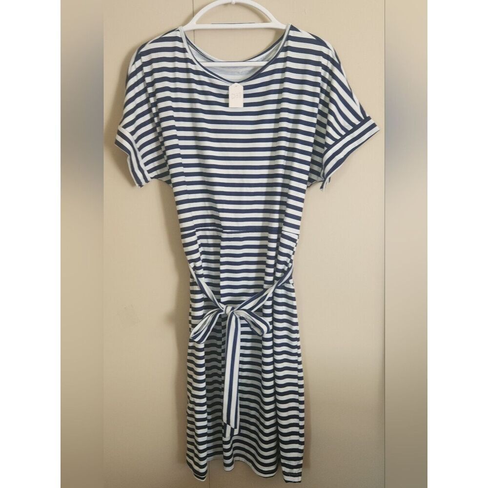 D38 Striped Navy & White Crewneck T shirt Dress Short Sleeved & Waist Tie